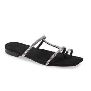 Lafayette 148 New York Sandals Size 7.5US Black Leather Rhinestone Slip‎ On Shoe